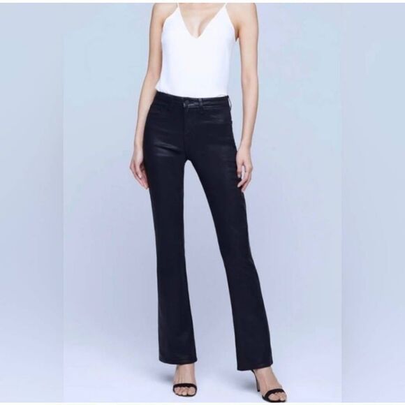 L'Agence Oriana High Rise Straight Leg Noir Coated Jeans Sz 24 Black Shimmery - Picture 10 of 12